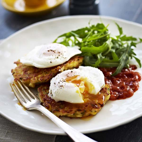 Corn and Zucchini Fritters with poached eggs