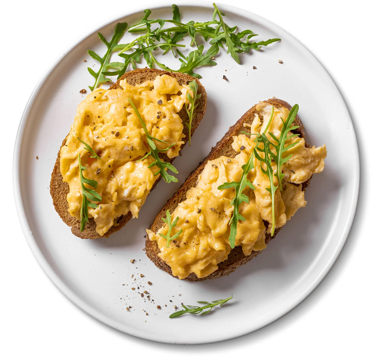 Scrambled eggs sandwiches with arugula microgreens